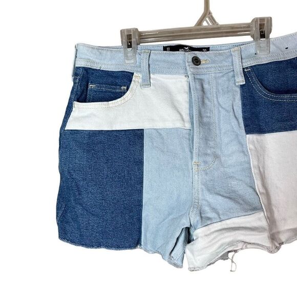 Hollister Ultra High Rise Mom Short Raw Frayed Hem Patchwork Denim Size 11 - Picture 3 of 8